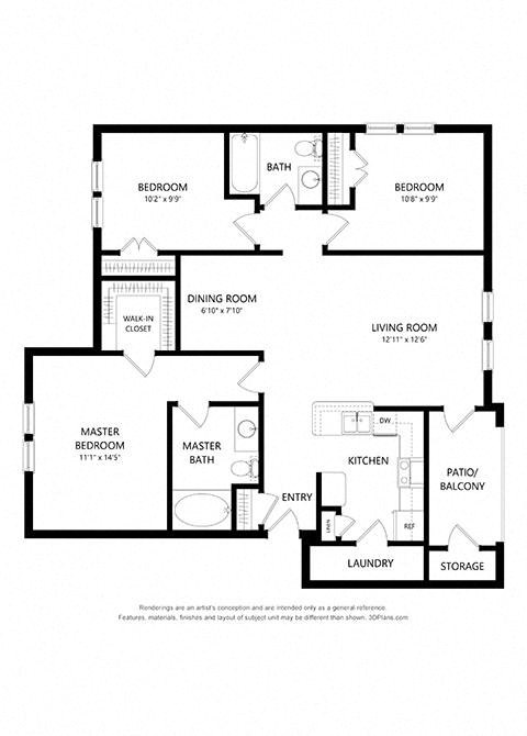 3 Bedroom Floor Plan at Five Mile Creek, Texas, 75224